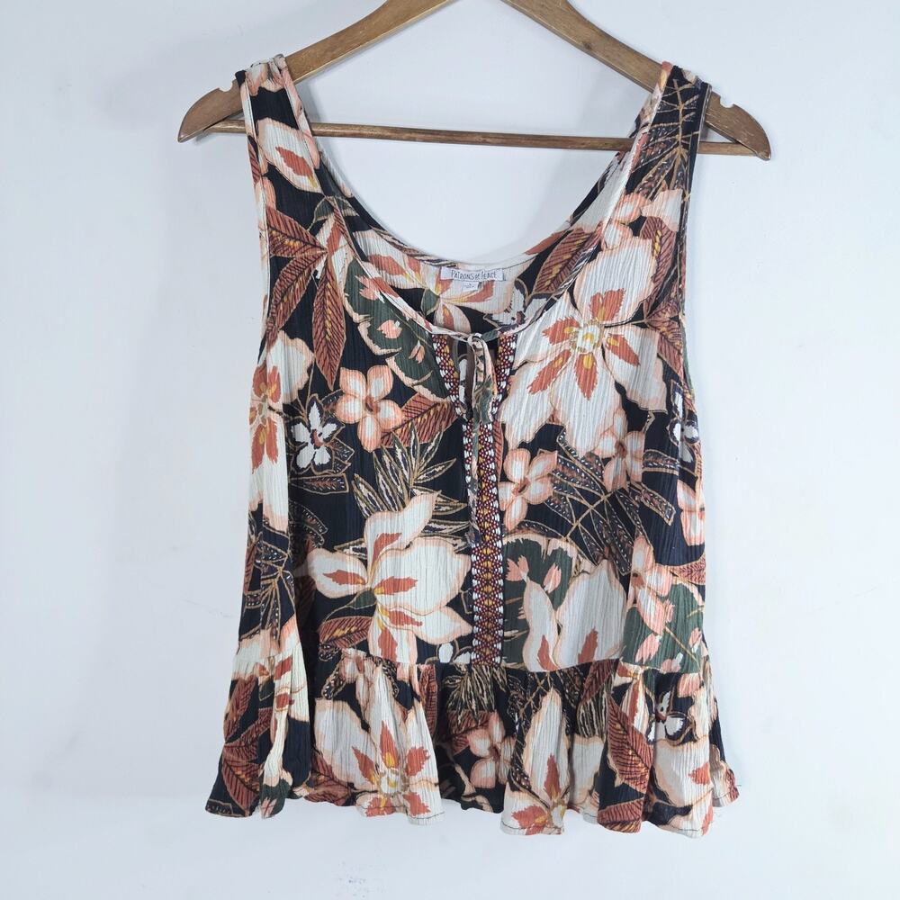 Patrons Of Peace Womens Black Floral Tank Top Size Large Boho Flowy Festival